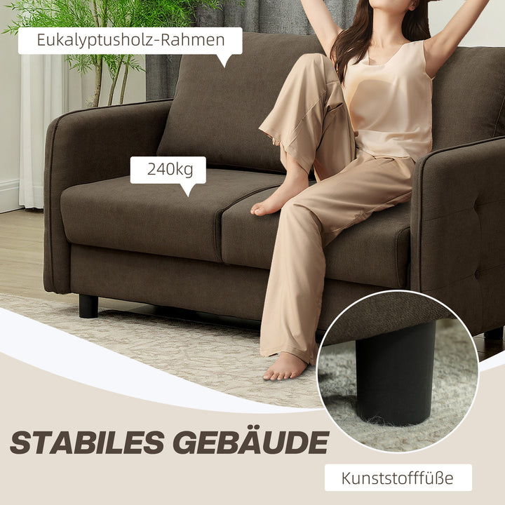 To-personers sofa med opbevaring, fløjlsbetrukket sofa med ryghynder til stue, soveværelse, kontor, brun