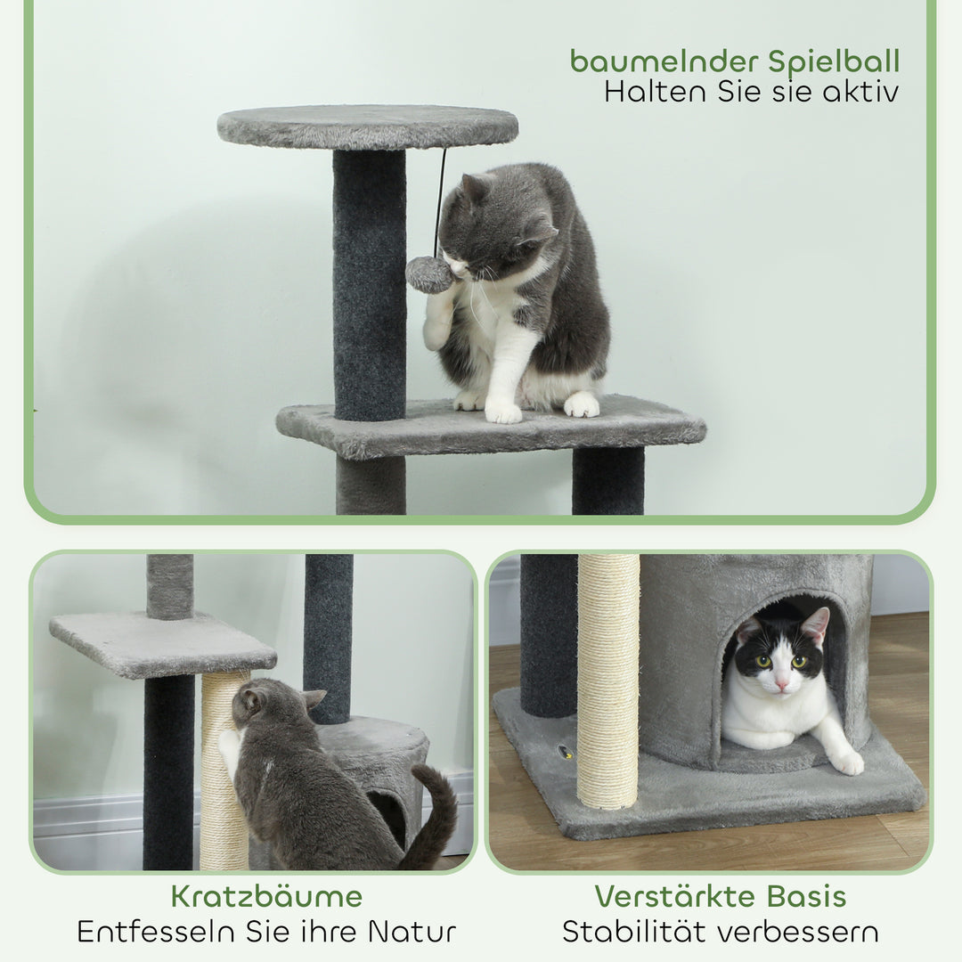 Kradsetræ 103 cm med kattehule, platforme, sisal kradsetræer, plysbold til katte op til 5 kg, grå