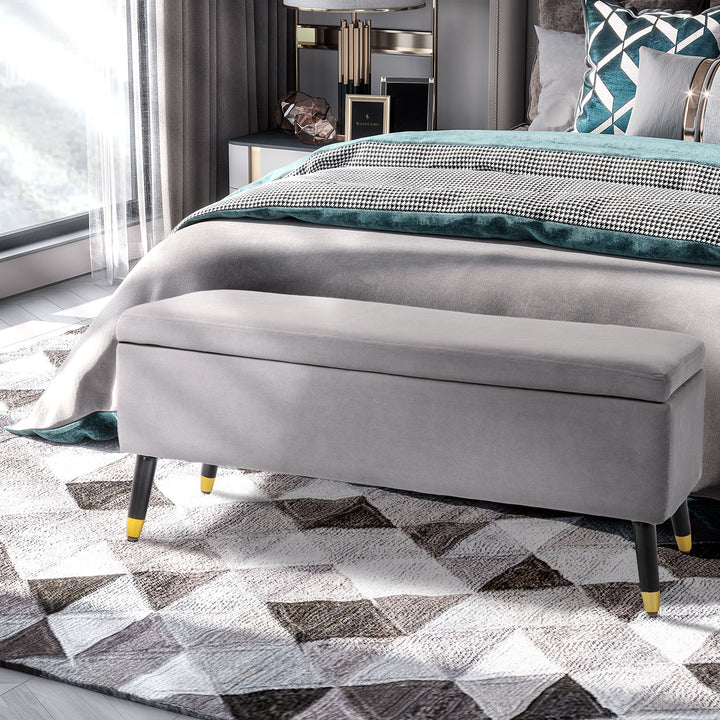 Bænk, polstret bænk med opbevaring, kommodebænk, metal, skum, gummitræ, antracitgrå, 110 x 43 x 45 cm