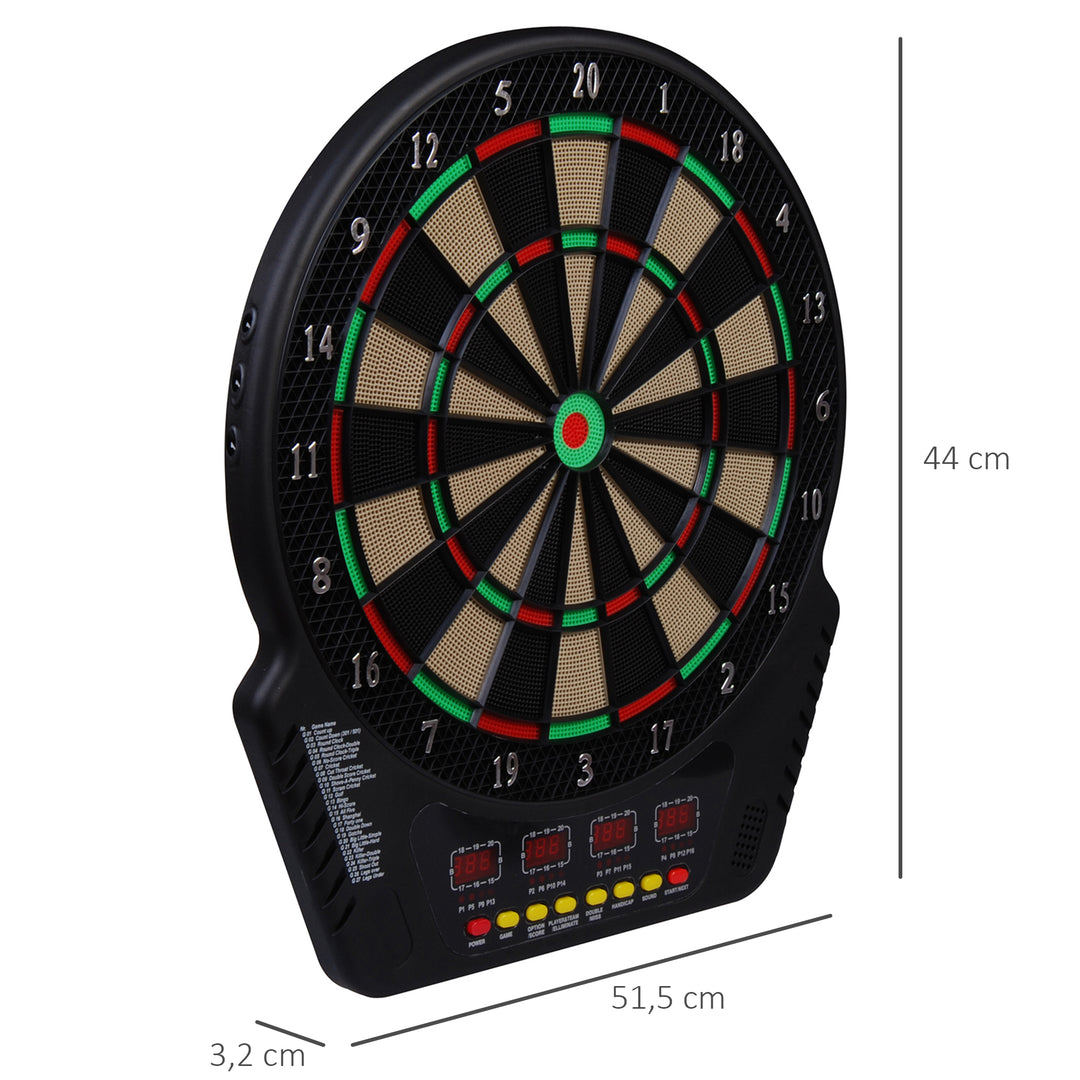 Elektronisk dartskivesæt med LED-display, automatisk scoring, lydeffekter, 6 pile, 24 pilhoveder, 27 spil og 243 scoringsmuligheder til 16 spillere, 44 x 51,5 x 3,2 cm