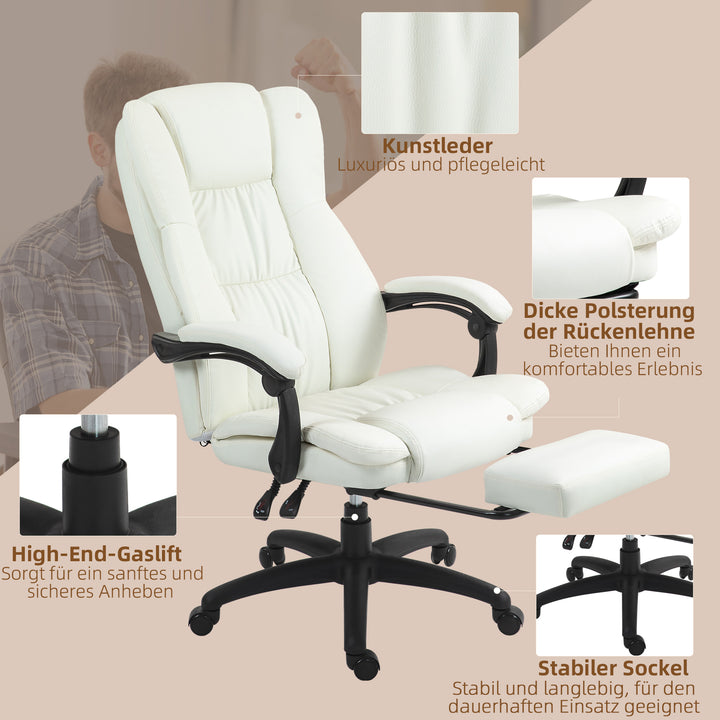 Justerbar drejestol med fodstøtte, nakkestøtte, massagefunktion, kunstlæder, 68,5x68,5x113-121cm, cremehvid