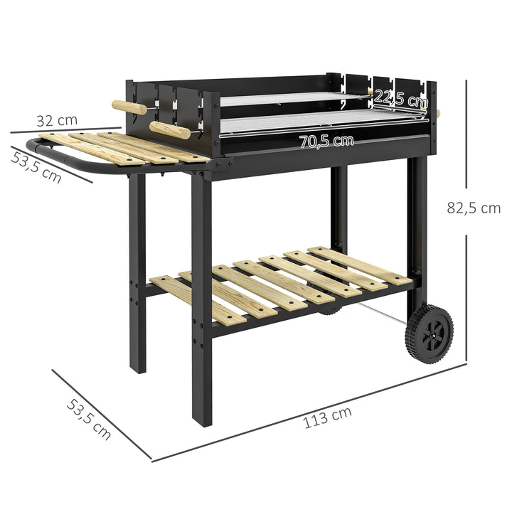 Kulgrill, grillvogn, 2 grillflader, 2 hjul, håndtag, hylder, 113 x 53,5 x 82,5 cm, sort