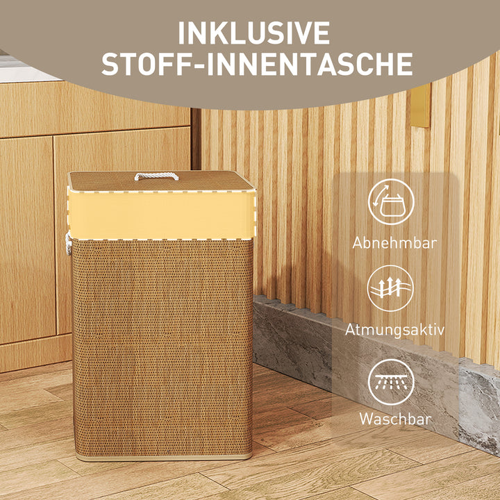 Bambus vasketøjskurv med låg 72 l vasketøjskurv med bambushåndtag, aftagelig vasketøjspose brun