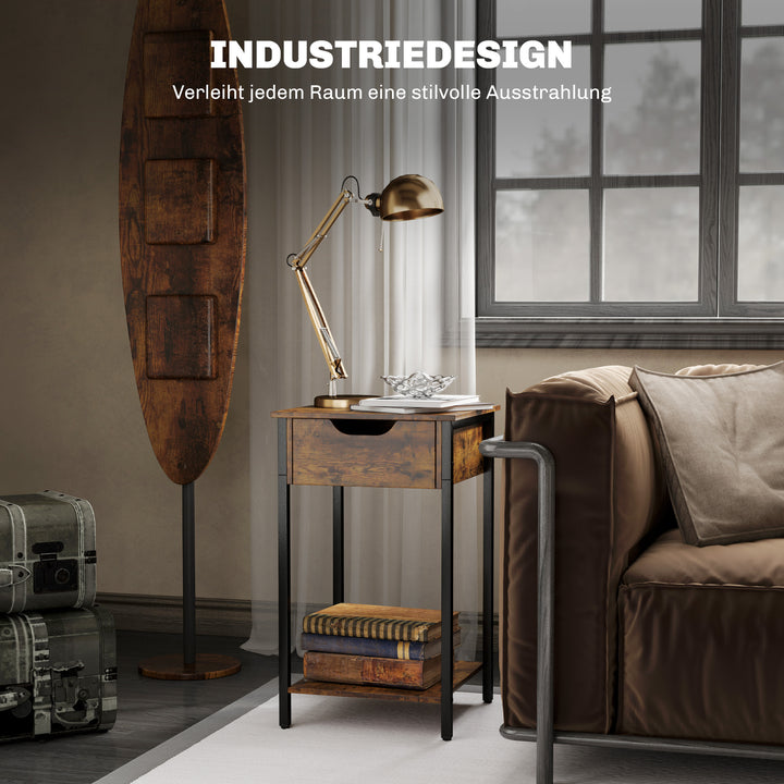 Sidebord i industriel stil med skuffe og opbevaringsrum, metalstel, træ, 40 x 40 x 68 cm, brun