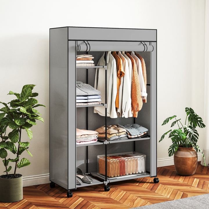 Stofgarderobe, opbevaringsløsning, 6 hylder, 1 garderobestang, lysegrå