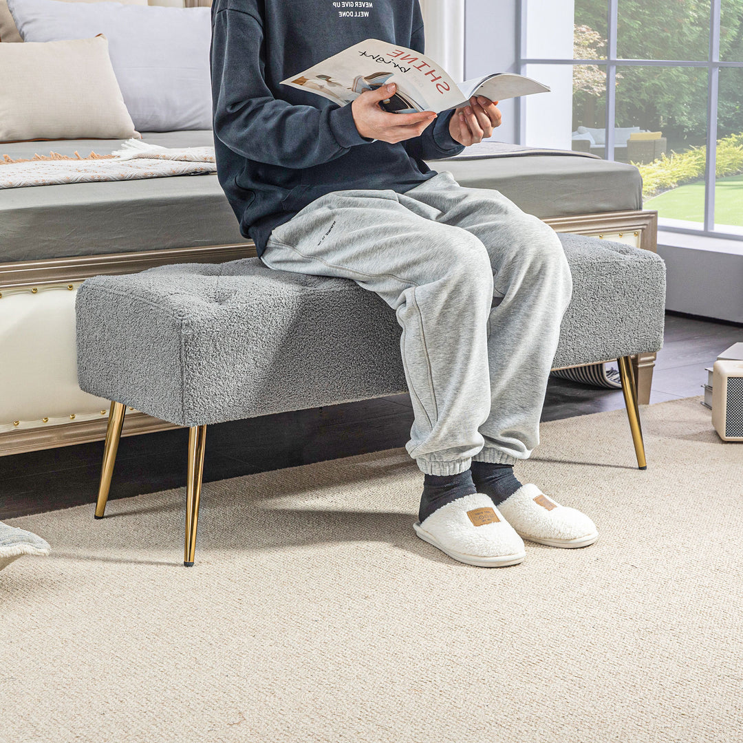 Sengebænk, siddebænk, blødt lammeuldsbetræk, op til 120 kg, forgyldte stålben, 112 x 41 x 46 cm, grå