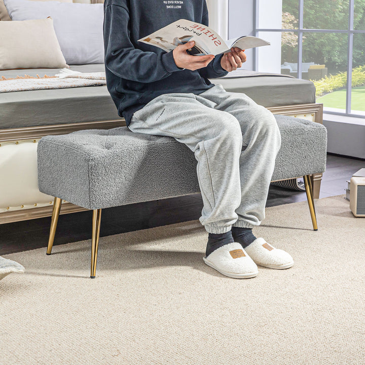 Sengebænk, siddebænk, blødt lammeuldsbetræk, op til 120 kg, forgyldte stålben, 112 x 41 x 46 cm, grå