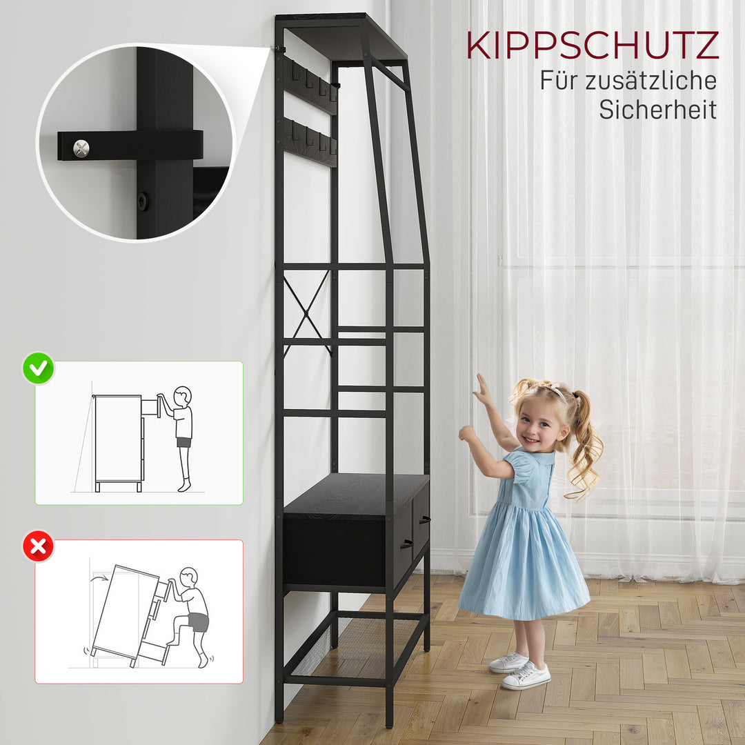 Knagerække med skohylde, tøjstativ i industrielt design, 2 stofskuffer, 8 kroge, metalramme, sort