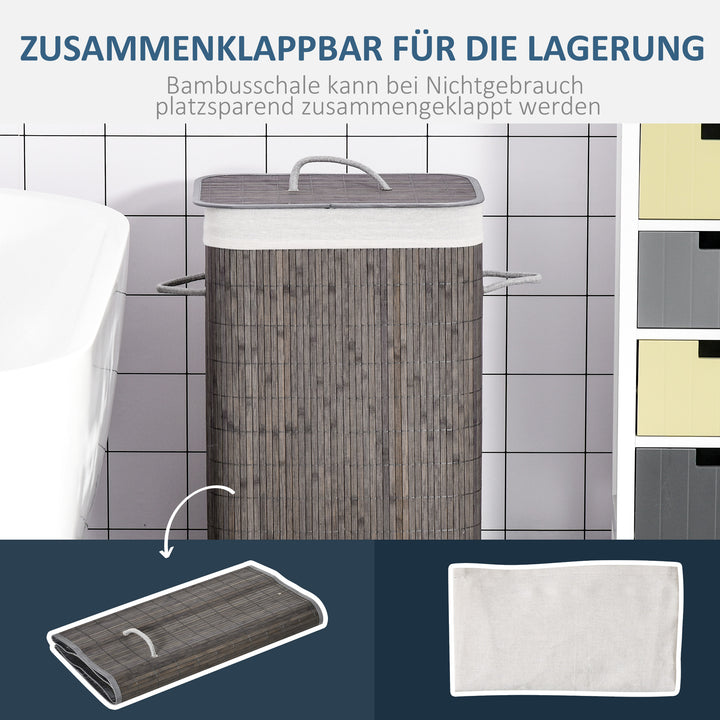 Vasketøjskurv med håndtag og vaskbar vasketøjspose, rattan, polyester, bomuld, metal, 43l x 32b x 61h cm, grå