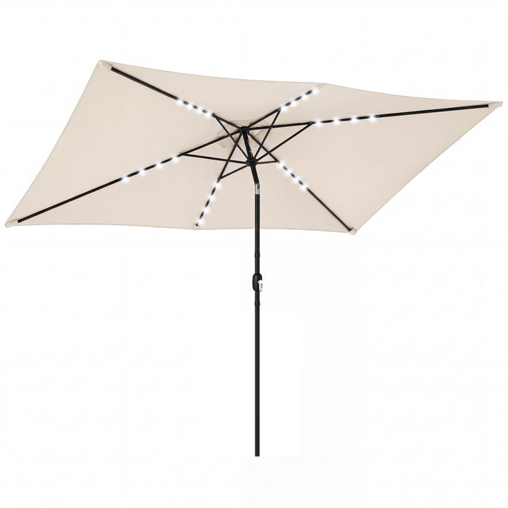 LED solcelleparasol, ca. 300 x 200 cm, vipbar balkonparasol med håndsving, beskyttelsesovertræk, UV-beskyttelse, drejelig, cremehvid