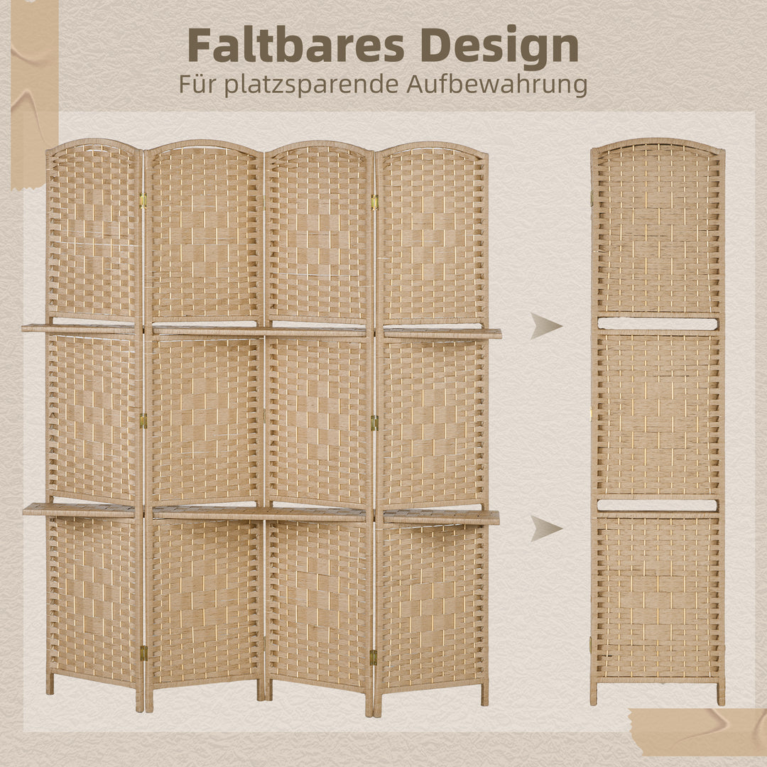 4-panels foldeskærm, 160 x 170 cm, foldbar skillevæg med 2 hylder, naturtræ