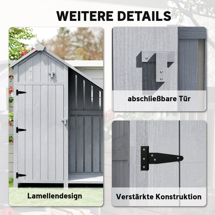 Træskur, udendørs, vejrbestandigt, redskabsskur med asfalttag, hylde, 129 x 51,5 x 180 cm, grå