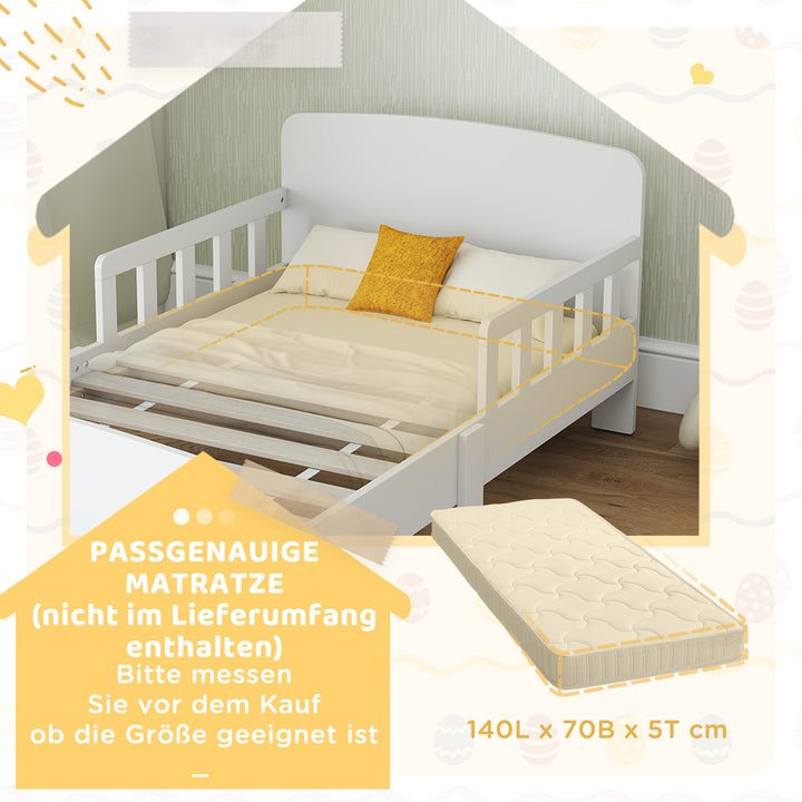 Børneseng med sengehest, småbørnsseng til børn i alderen 3-8 år, MDF, hvid