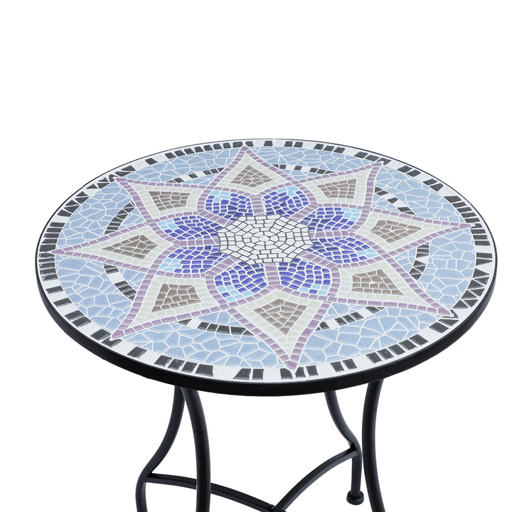 Havebord Ø60 x H71cm, vejrbestandigt metal balkonbord, udendørs spisebord, campingbord, sidebord, rundt terrassebord til have, terrasse, altan, blå+hvid