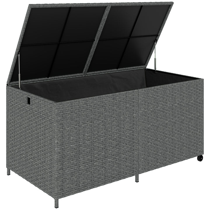Rattan opbevaringskasse 650L, vejrbestandig, UV-bestandig, hyndekasse med låg, hjul, opbevaringsplads 150 x 75 x 74 cm, mørkegrå