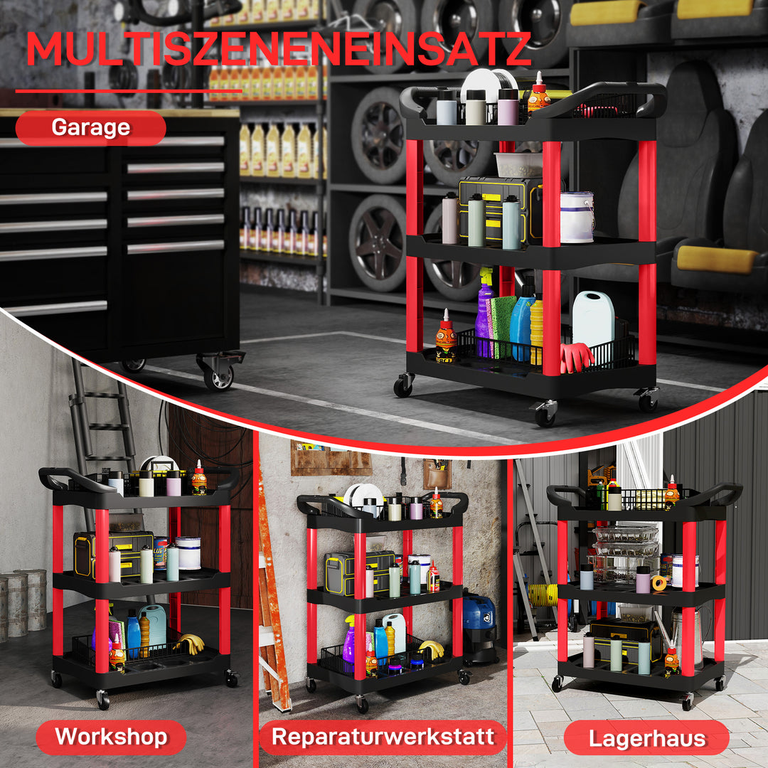 3-lags værktøjsvogn med sidehåndtag og hjul, plastik, rød