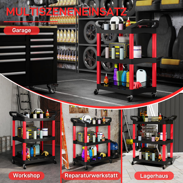 3-lags værktøjsvogn med sidehåndtag og hjul, plastik, rød