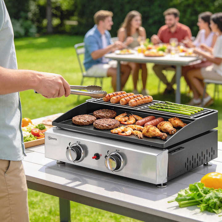 5 kW gasgrill, bærbar bordgrill med 2 brændere, keramisk belægning, grillrist, varmeplade