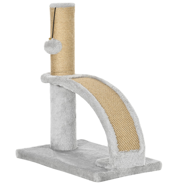 Kradsetræ til katte, jutebetræk, hængebold med klokke, kradsebræt, 34 x 24 x 43 cm, grå