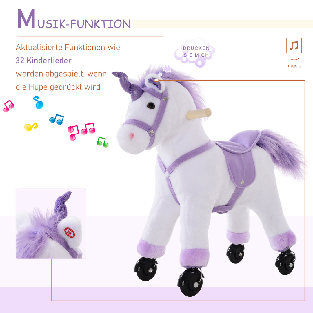 Ridehest på hjul legetøjsheste ridedyr vrinskende plys lilla 55 x 23 x 60 cm