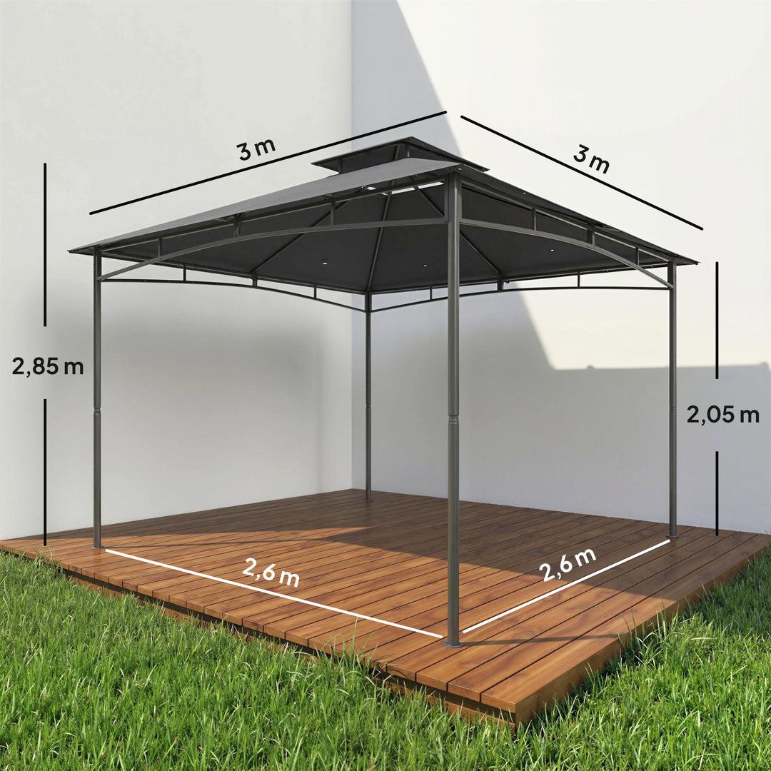 3x3m Pavillon, Vandafvisende, Robust, Vintersikker, Havepavillon med Udtrækkelig Topramme, Dobbelt Tag, Mørkegrå