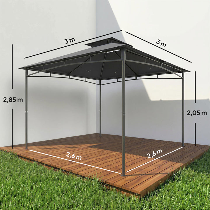 3x3m Pavillon, Vandafvisende, Robust, Vintersikker, Havepavillon med Udtrækkelig Topramme, Dobbelt Tag, Mørkegrå
