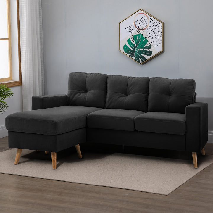 3-Personers sofa, hjørnesofa, med chaiselong, knapsyninger, 193 x 136 x 85 cm, sort