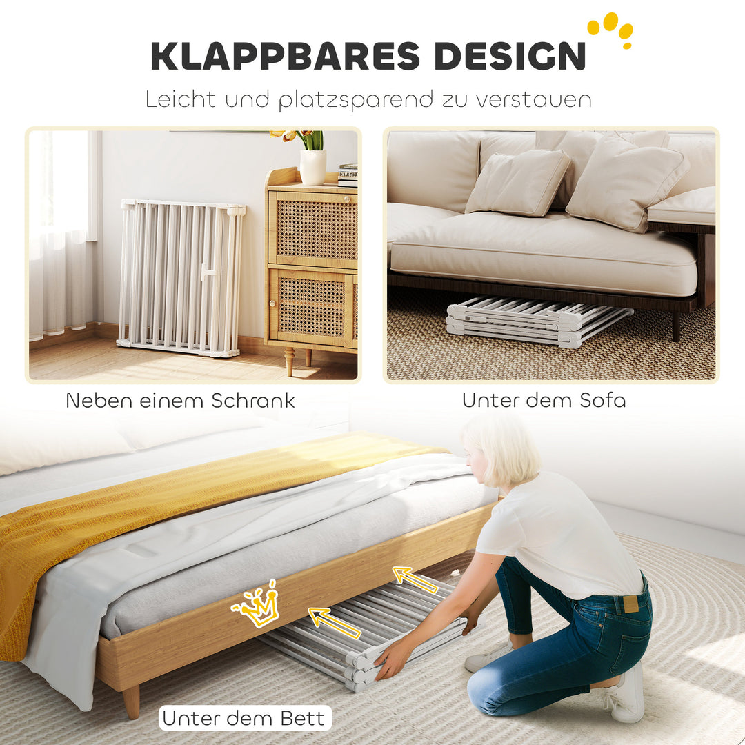 Kæledyrshegn, 6-panels barriere med dør, foldbar, til små og mellemstore hunde, plastik, kulstofstål, hvid