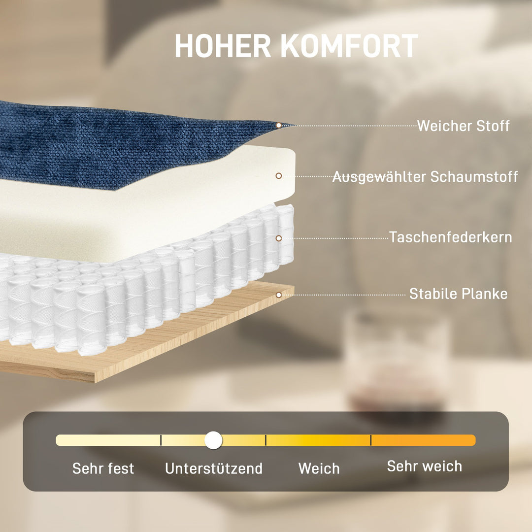 Drejelig accentstol, polstret læsestol med chenille, bredt sæde, fjerhynde og metalben, mørkeblå