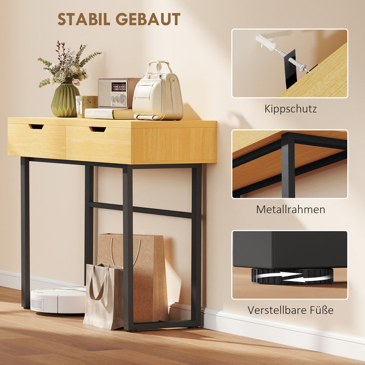 Konsolbord, smalt entrebord med 2 skuffer, metalstel, til entre, 110 x 35 x 76,5 cm, naturlig finish