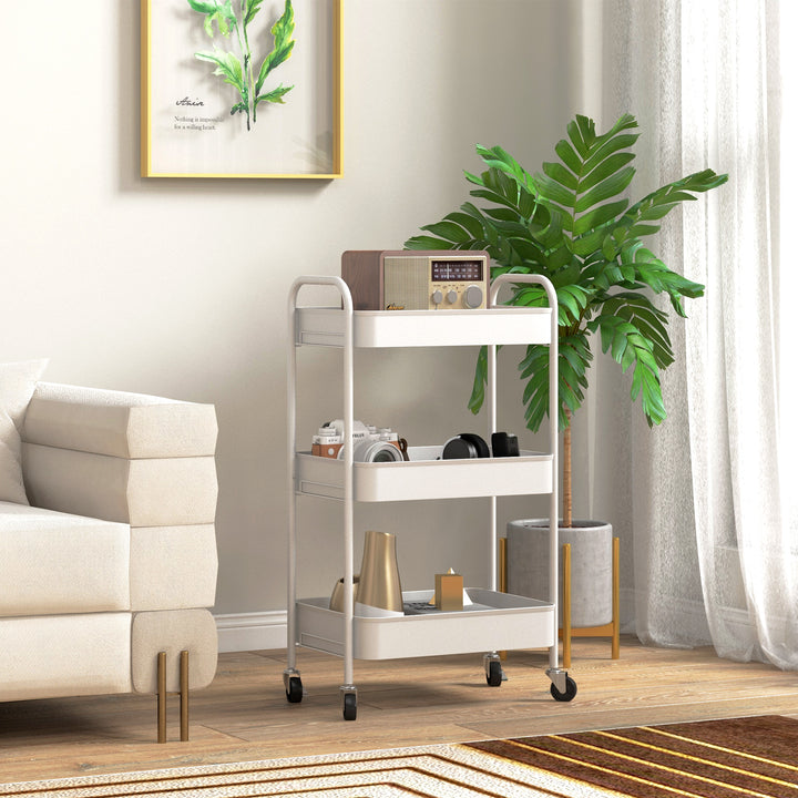 Køkkenvogn til flere formål, 3 hylder, 4 hjul, 45 cm x 30,6 cm x 79 cm, hvid