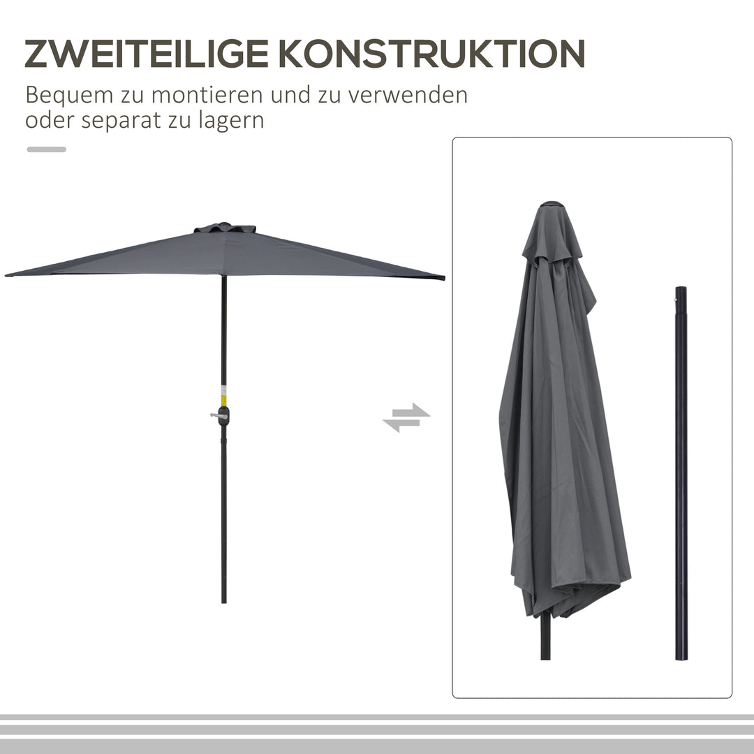 Parasol med håndsvingmekanisme, haveparasol, markedsparasol, metal, halvrund, grå og sort
