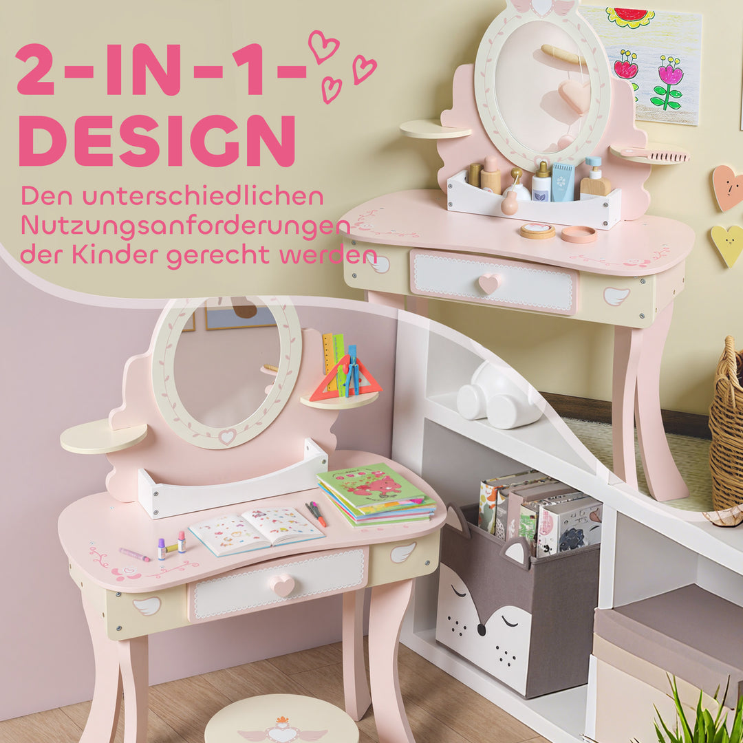 Børnesminkebord, stol, skuffe, aftageligt spejl, børneskrivebord med 7 tilbehør, 2-i-1 design, MDF, pink