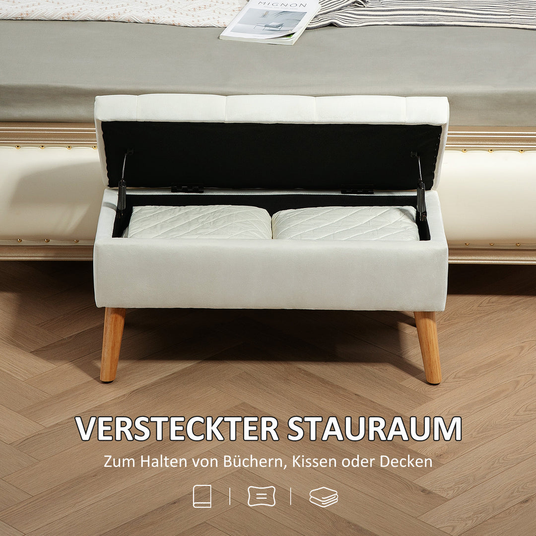 Polstret bænk med opbevaring, betræk af fløjlsstof, træben, til stue, soveværelse, entré, 80 x 35 x 40 cm, hvid