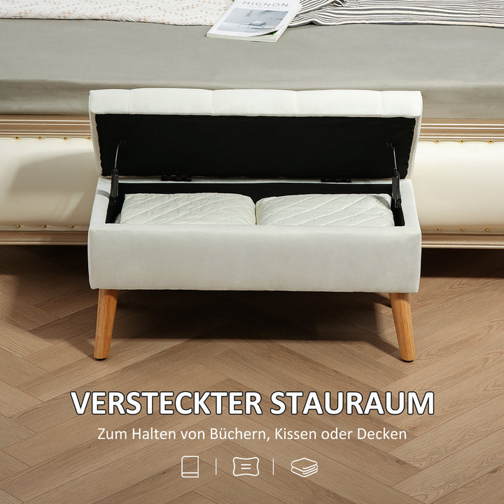 Polstret bænk med opbevaring, betræk af fløjlsstof, træben, til stue, soveværelse, entré, 80 x 35 x 40 cm, hvid