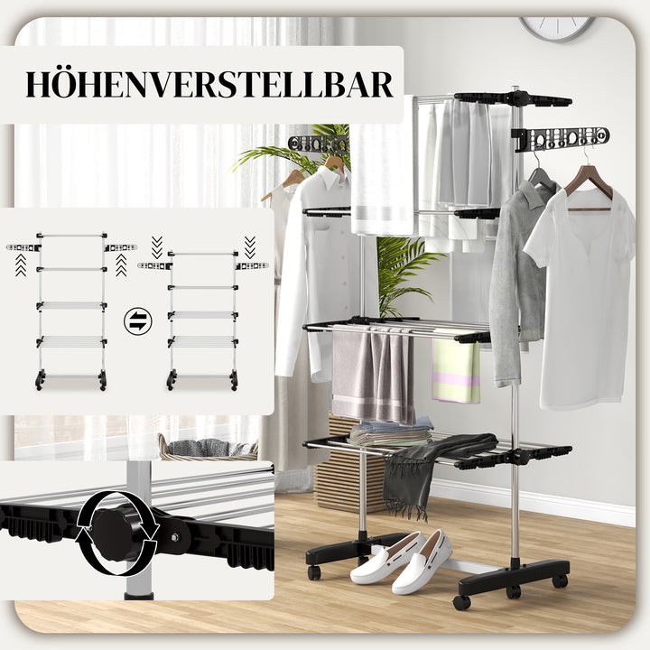 Tørrestativ med 5 niveauer, foldbar, et-klik-system, 142 cm x 55 cm x 1,72 cm, sort + sølv