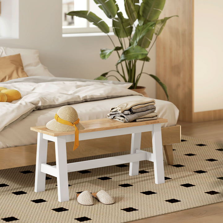 Bænk til 2 personer, træbænk i egetræslook, stabiliserende tværstang, til stue, spisestue, entre, gummitræ, hvid