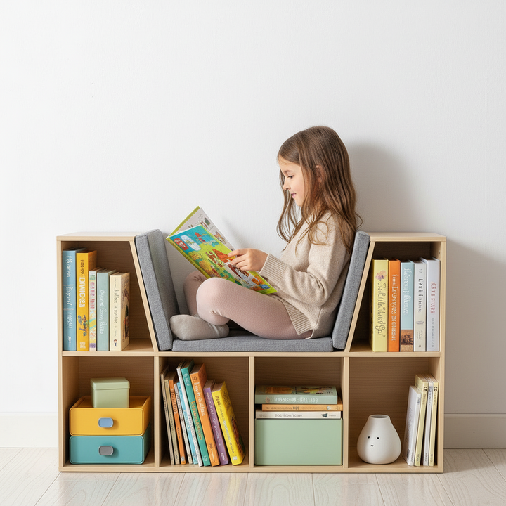 Børnehylde + bænk inkl. hynde, 103×30×62 cm, hvid + grå