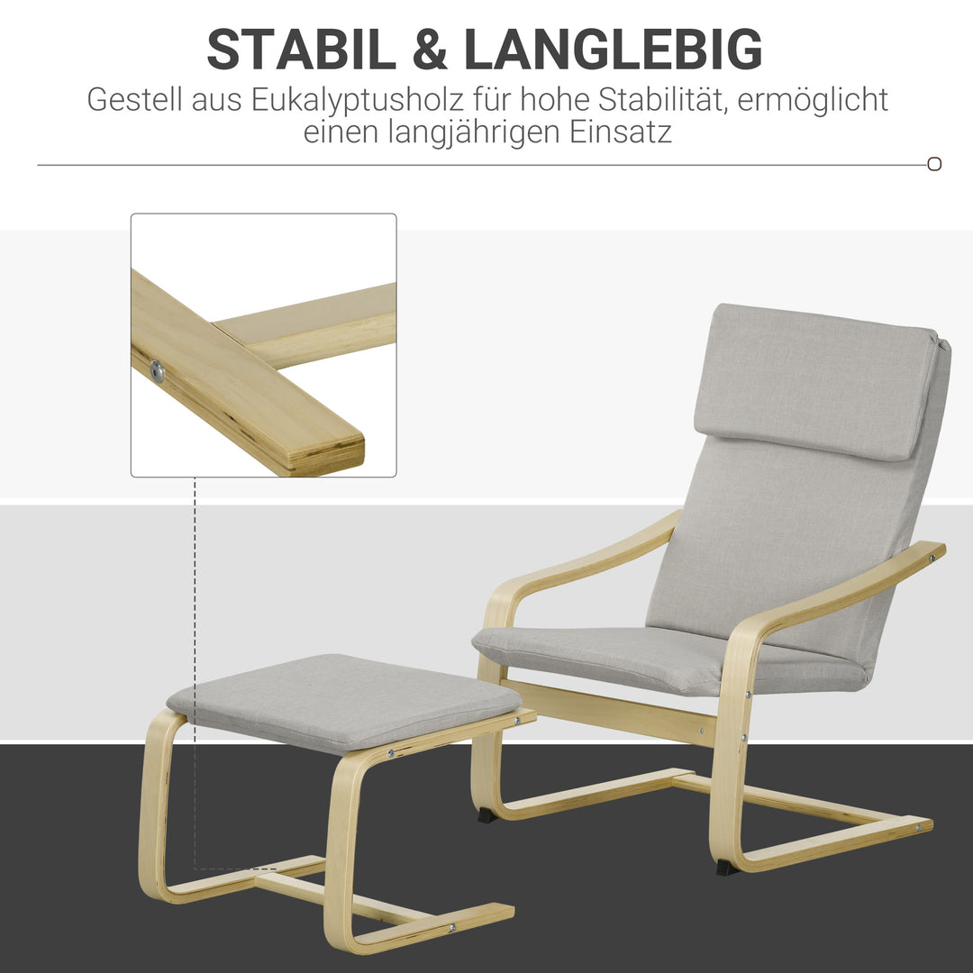 Loungestol med fodskammel, betræk i hørlook, træstel, op til 120 kg, lysegrå/natur