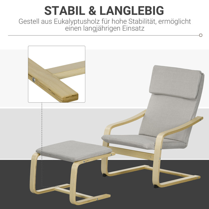 Loungestol med fodskammel, betræk i hørlook, træstel, op til 120 kg, lysegrå/natur