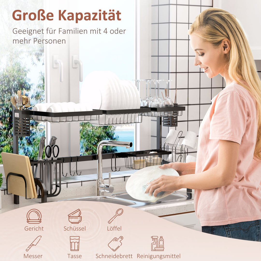 Opvaskestativ, 2-lags opvaskestativ med kroge, tallerkenhylde, tilbehør, 100 cm stål, sort
