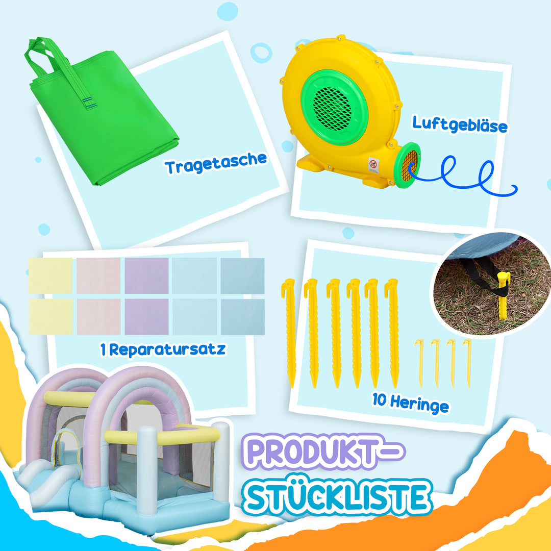 Hoppeborg, boldbassin, 2 rutsjebaner, oxfordstof, uv-bestandig, blæser, farverig