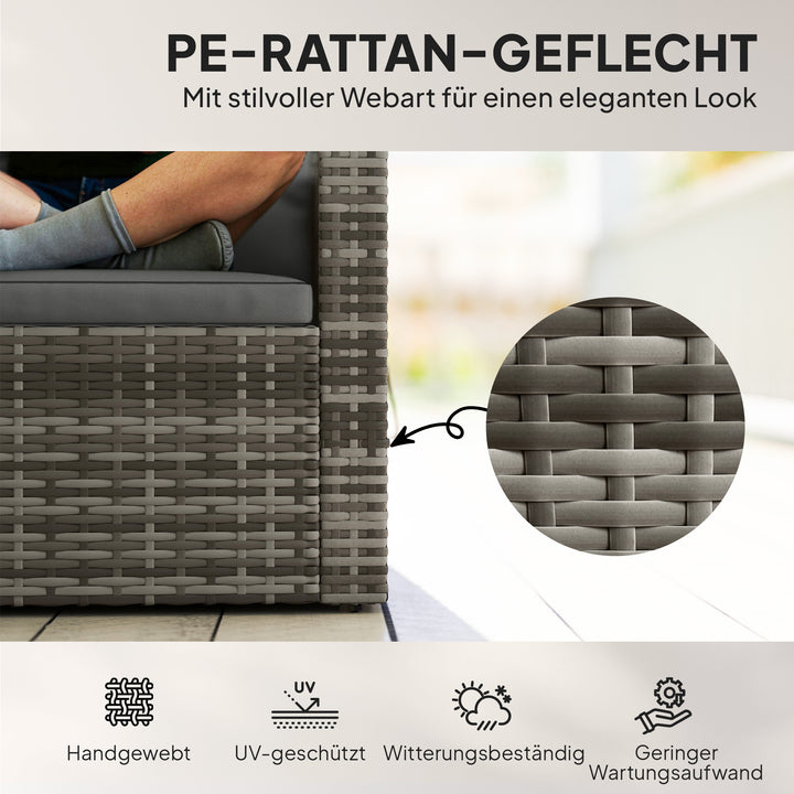 2-personers rattansofa med hynder, foldbare sidebakker, loungesofa, siddegruppe, lysegrå