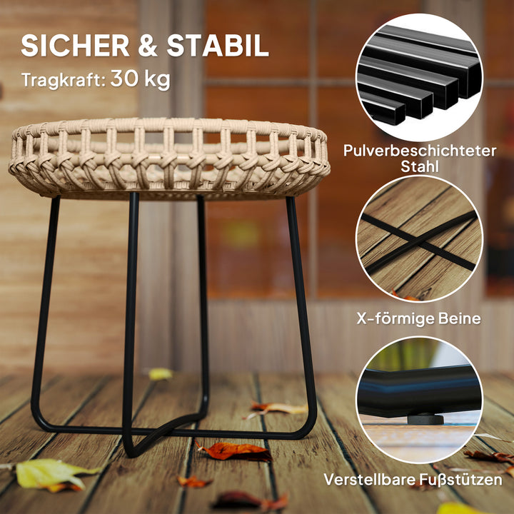 Sæt med 2 sideborde i polyrattan 60/41 cm rundt, vejrbestandigt havebord med x-ben, justerbare fodpuder, brun
