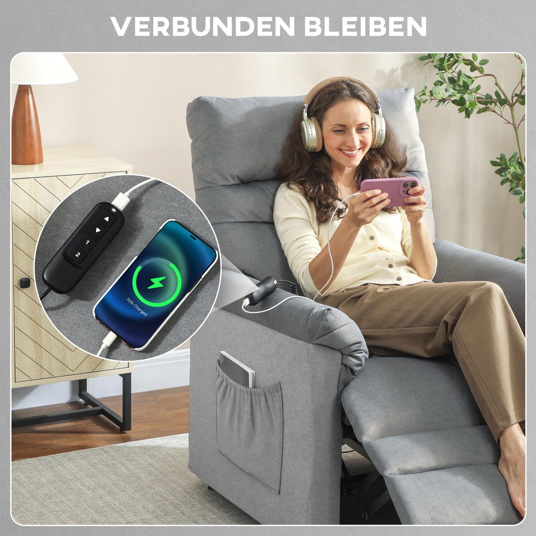 Lænestol med justerbar lænefunktion, TV-lænestol med lænefunktion, lændevarme, 2 fjernbetjeninger, USB-port, støjsvag motor, grå