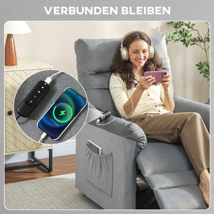 Lænestol med justerbar lænefunktion, TV-lænestol med lænefunktion, lændevarme, 2 fjernbetjeninger, USB-port, støjsvag motor, grå