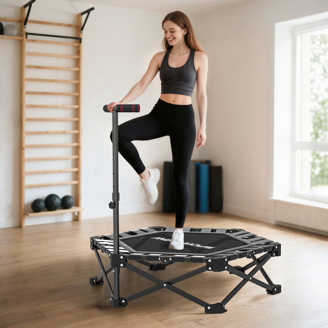 Fitnesstrampolin med justerbart T-håndtag, foldbar, bæretaske, 120 kg lasteevne, stål, plastik, sort