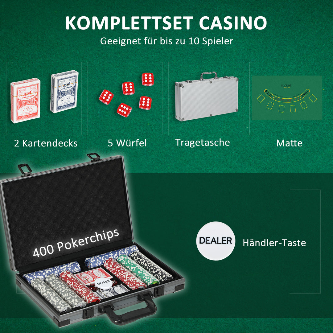 Pokersæt, pokerkasse, 400 chips, 2 sæt kort, 5 terninger, dealer-disk, måtte