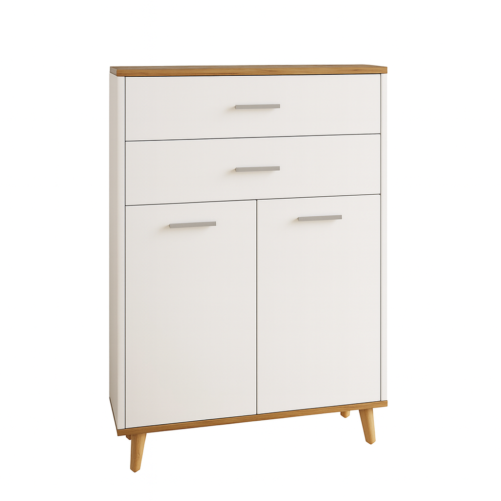 Kommode med 2 skuffer og 2 låger, 97x60x28 cm, hvid