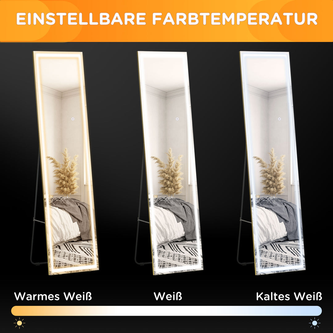 2-I-1 spejl i fuld længde med led-lys, fritstående, vægmonteret, dæmpbar, 40 cm x 37 cm x 156,5 cm, sølv